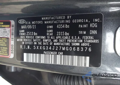 2021 Kia K5 Ex from USA, damaged, VIN 5XXG34J27MG068376